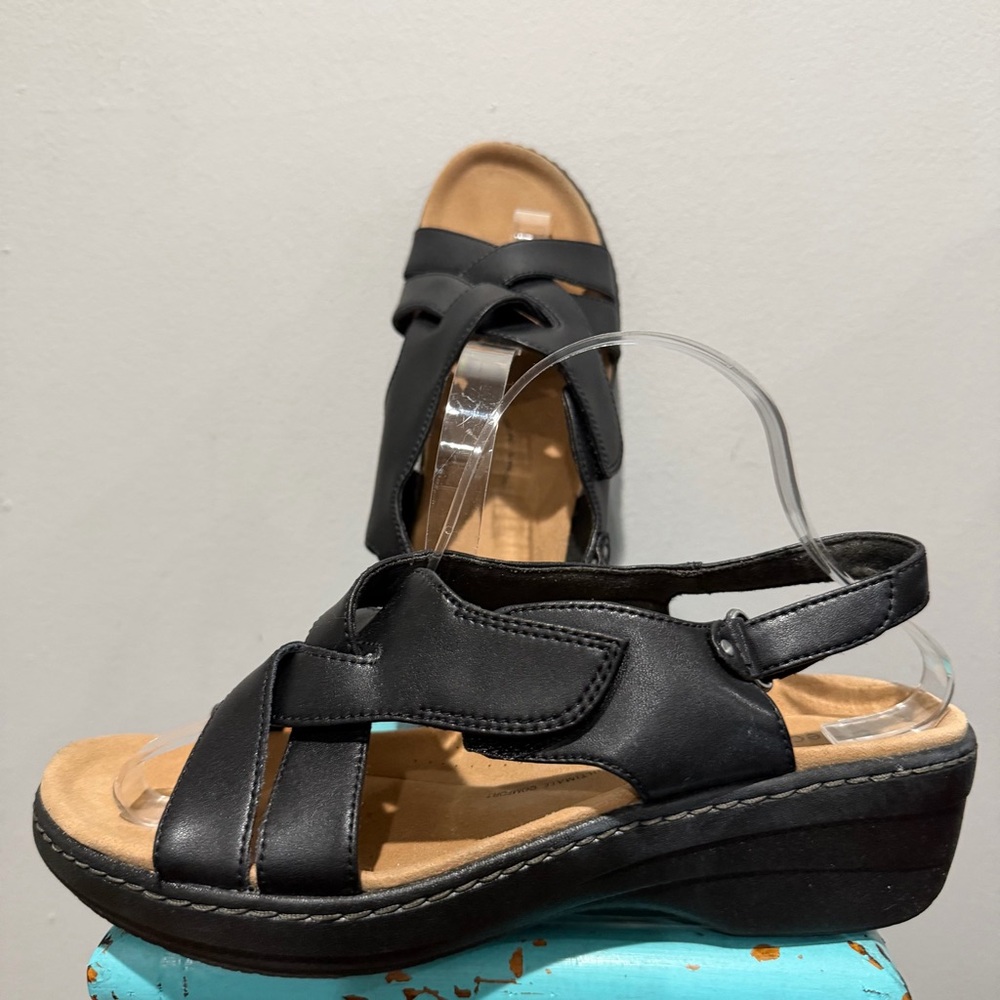 Clarks Merliah Echo Wedge Sandal Black Leather Size 9.5 W